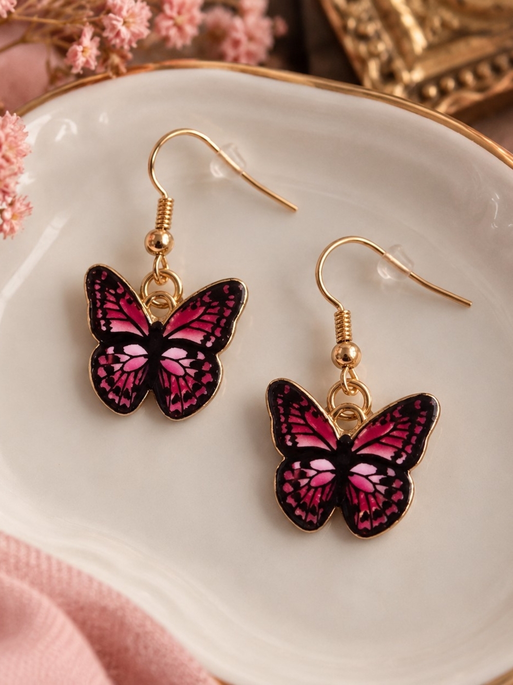 Gold-Trim Pink Butterfly Drop Earrings - New